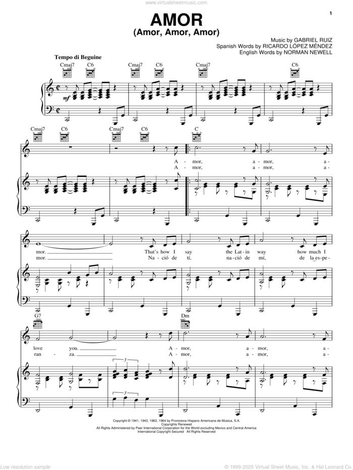 Amor (Amor, Amor, Amor) sheet music for voice, piano or guitar by Gabriel Ruiz, Norman Newell and Ricardo Lopez Mendez, wedding score, intermediate skill level