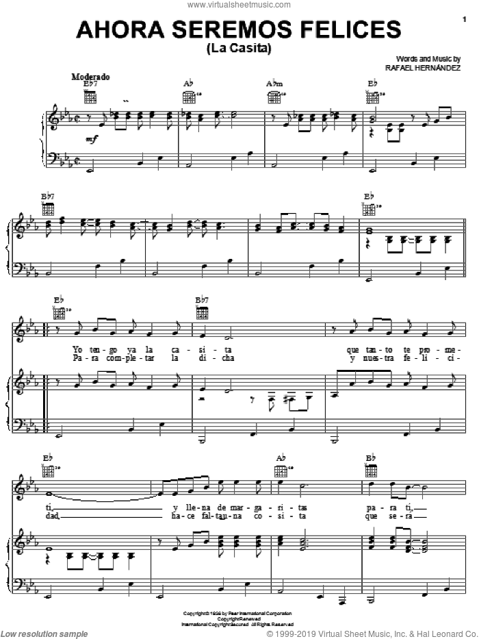 Ahora Seremos Felices (La Casita) sheet music for voice, piano or guitar by Rafael Hernandez, wedding score, intermediate skill level