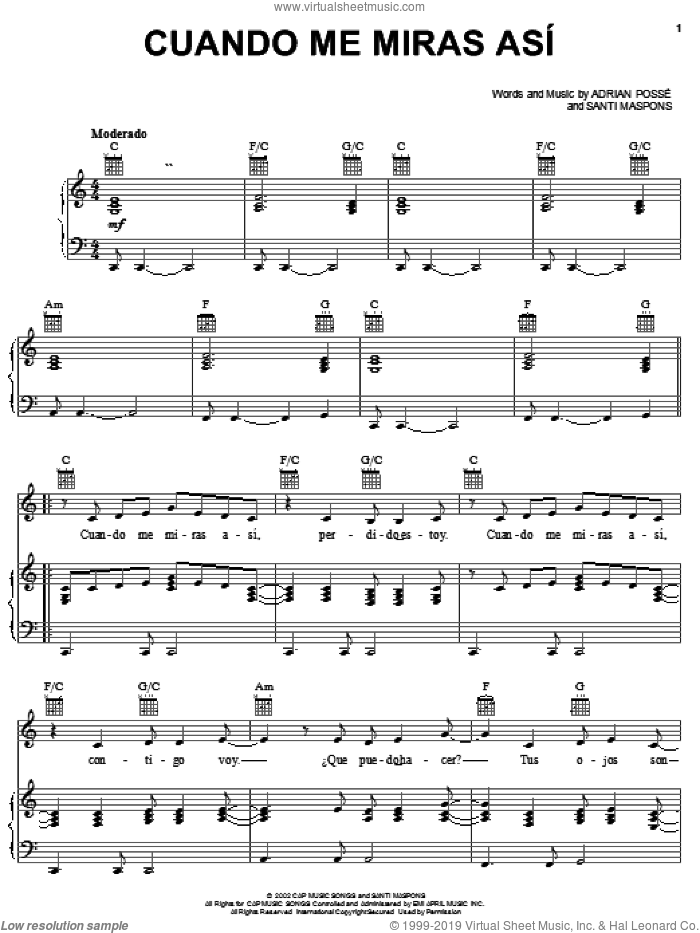 Cuando Me Miras Asi sheet music for voice, piano or guitar by Adrian Posse and Santi Maspons, wedding score, intermediate skill level