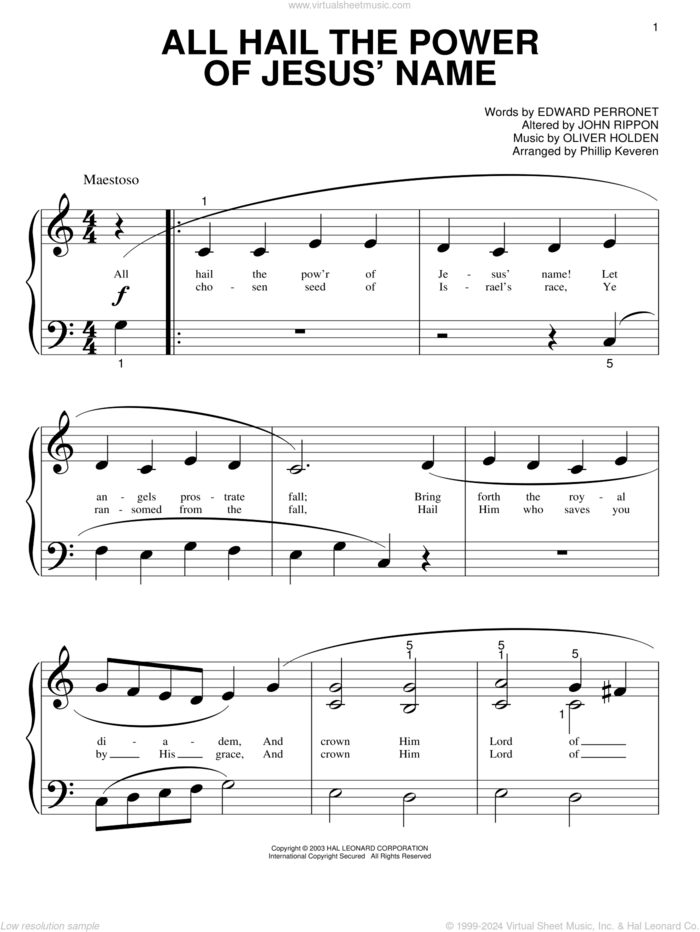 All Hail The Power Of Jesus' Name sheet music for piano solo (big note book) by Edward Perronet, John Rippon and Oliver Holden, wedding score, easy piano (big note book)