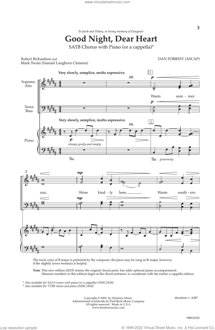 Good Night, Dear Heart sheet music for choir (SATB: soprano, alto, tenor, bass) by Dan Forrest, Mark Twain and Robert Richardson, intermediate skill level