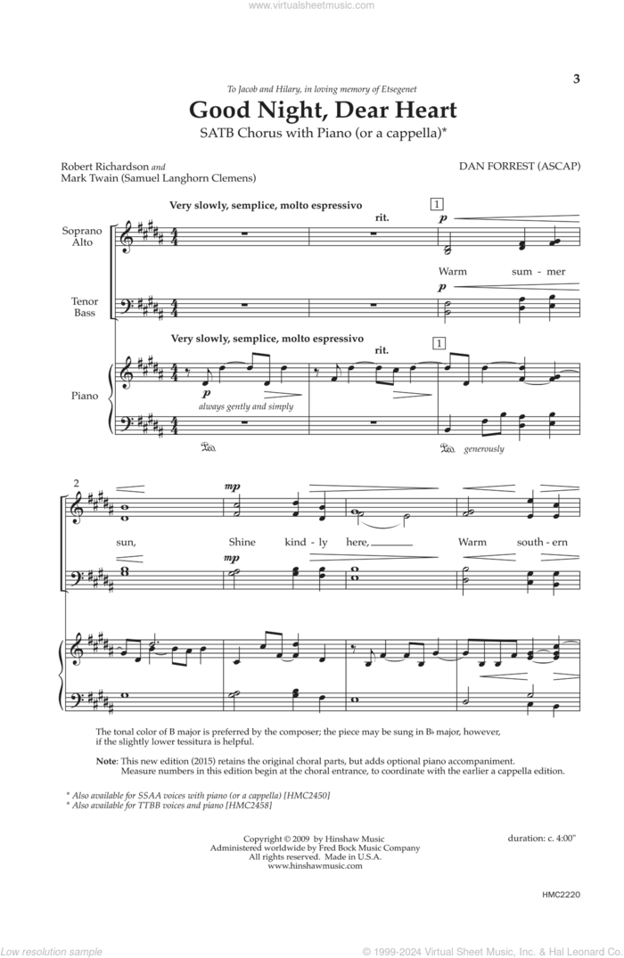 Good Night, Dear Heart sheet music for choir (SATB: soprano, alto, tenor, bass) by Dan Forrest, Mark Twain and Robert Richardson, intermediate skill level