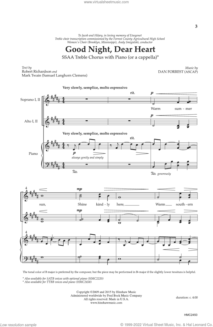 Good Night, Dear Heart sheet music for choir (SSAA: soprano, alto) by Dan Forrest, Mark Twain and Robert Richardson, intermediate skill level