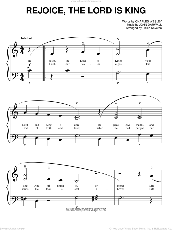 Rejoice, The Lord Is King sheet music for piano solo (big note book) by Charles Wesley and John Darwall, easy piano (big note book)