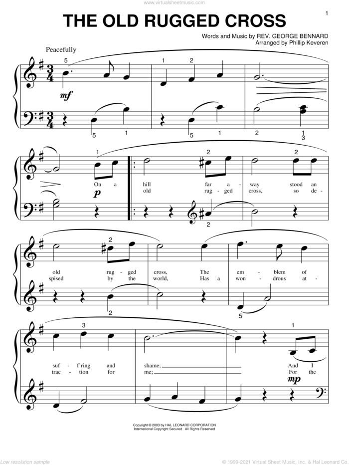 The Old Rugged Cross (arr. Phillip Keveren) sheet music for piano solo (big note book) by Rev. George Bennard and Phillip Keveren, easy piano (big note book)