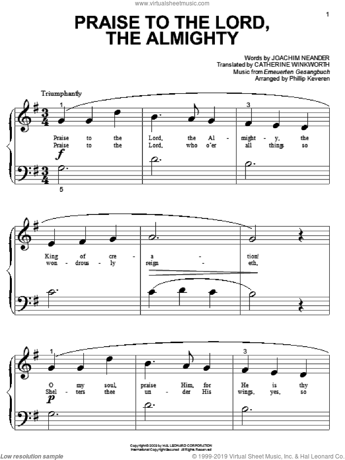 Praise To The Lord, The Almighty (arr. Phillip Keveren) sheet music for piano solo (big note book) by Joachim Neander, Philip Keveren, Phillip Keveren, Catherine Winkworth and Erneuerten Gesangbuch, easy piano (big note book)