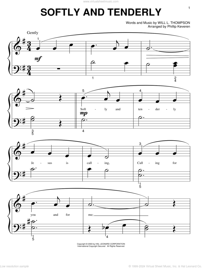 Softly And Tenderly (arr. Phillip Keveren) sheet music for piano solo (big note book) by Will L. Thompson and Phillip Keveren, easy piano (big note book)