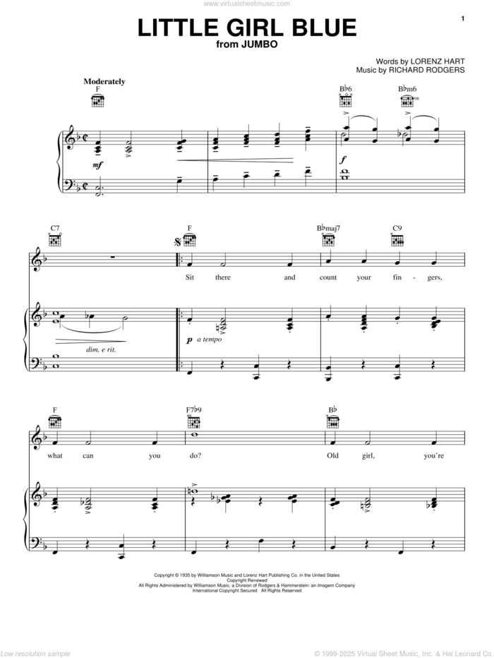 Little Girl Blue sheet music for voice, piano or guitar by Rodgers & Hart, Lorenz Hart and Richard Rodgers, intermediate skill level