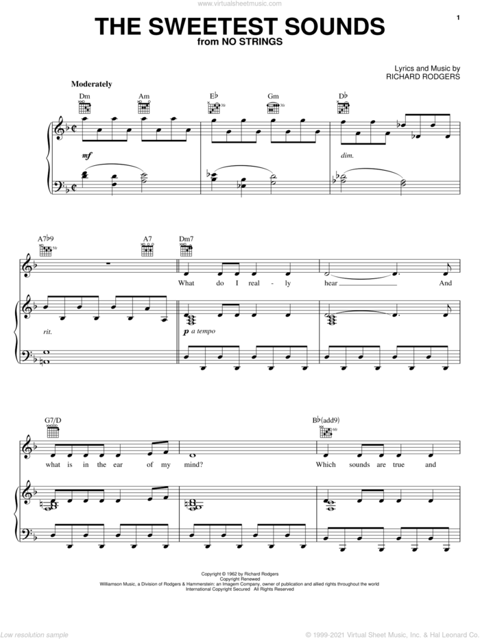 The Sweetest Sounds (from Cinderella) sheet music for voice, piano or guitar by Richard Rodgers and Cinderella (Musical), intermediate skill level