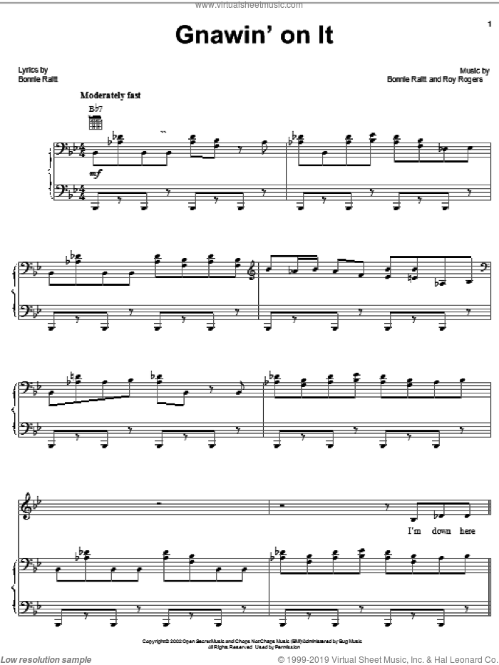Gnawin' On It sheet music for voice, piano or guitar by Bonnie Raitt and Roy Rogers, intermediate skill level
