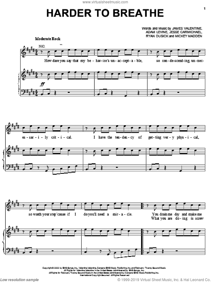 Harder To Breathe sheet music for voice, piano or guitar by Maroon 5, Adam Levine, James Valentine and Jesse Carmichael, intermediate skill level
