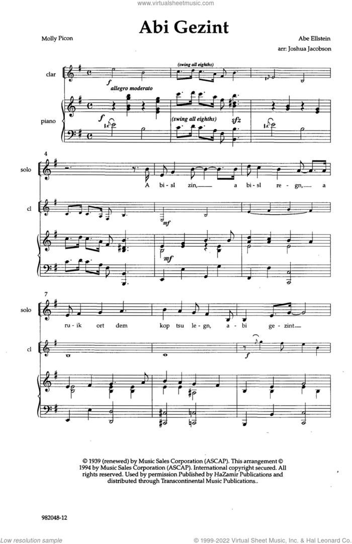 Abi Gezint (arr. Joshua Jacobson) sheet music for choir (SATB: soprano, alto, tenor, bass) by Abe Ellstein, Joshua Jacobson and Molly Picon, classical score, intermediate skill level