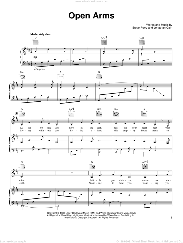 Open Arms sheet music for voice, piano or guitar by Journey, Mariah Carey, Jonathan Cain and Steve Perry, wedding score, intermediate skill level