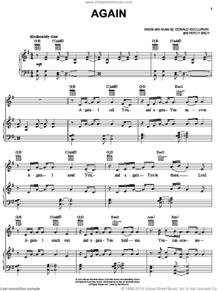 Again sheet music for voice, piano or guitar by Donnie McClurkin and Percy Bady, intermediate skill level