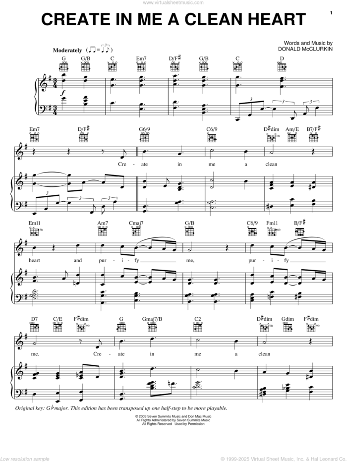 Create In Me A Clean Heart sheet music for voice, piano or guitar by Donnie McClurkin, intermediate skill level