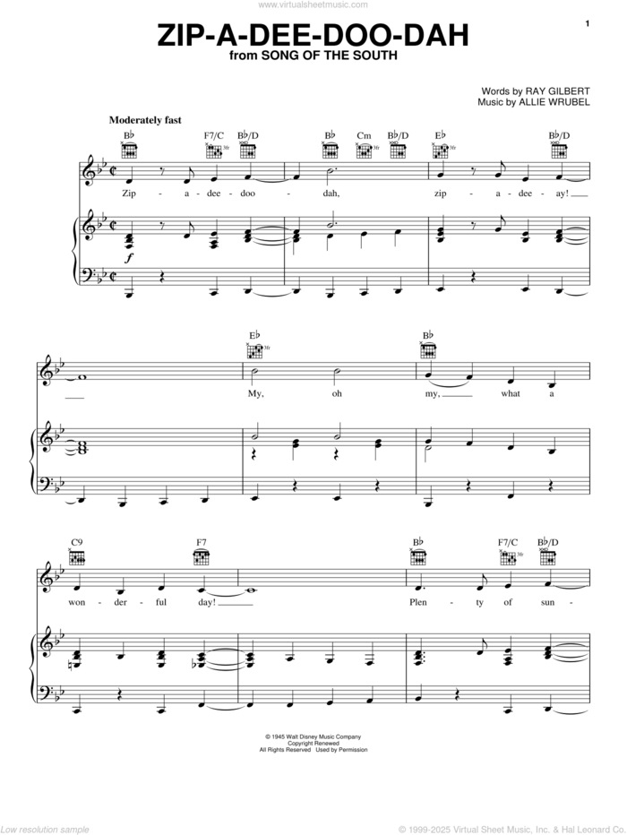 Zip-A-Dee-Doo-Dah (from Song Of The South) sheet music for voice, piano or guitar by Ray Gilbert, James Baskett and Allie Wrubel, intermediate skill level