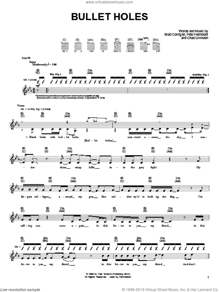 Bullet Holes sheet music for guitar (tablature) by Dispatch, Brad Corrigan, Chad Urmston and Pete Heimbold, intermediate skill level