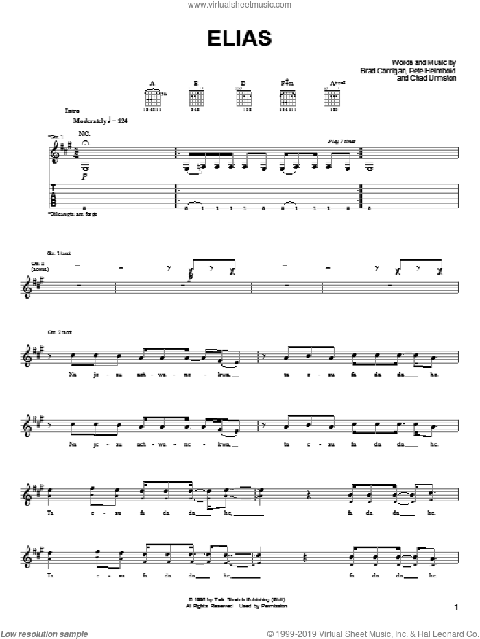 Elias sheet music for guitar (tablature) by Dispatch, Brad Corrigan, Chad Urmston and Pete Heimbold, intermediate skill level