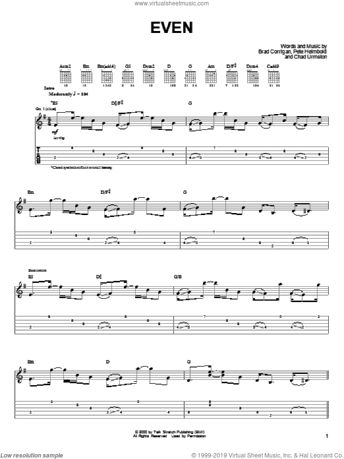 Even sheet music for guitar (tablature) by Dispatch, Brad Corrigan, Chad Urmston and Pete Heimbold, intermediate skill level