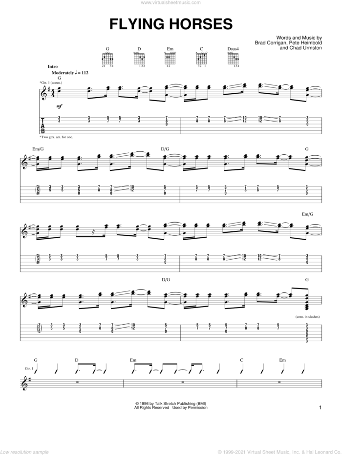 Flying Horses sheet music for guitar (tablature) by Dispatch, Brad Corrigan, Chad Urmston and Pete Heimbold, intermediate skill level