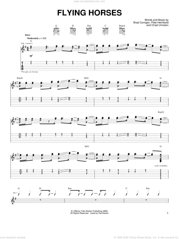 Flying Horses sheet music for guitar (tablature) by Dispatch, Brad Corrigan, Chad Urmston and Pete Heimbold, intermediate skill level