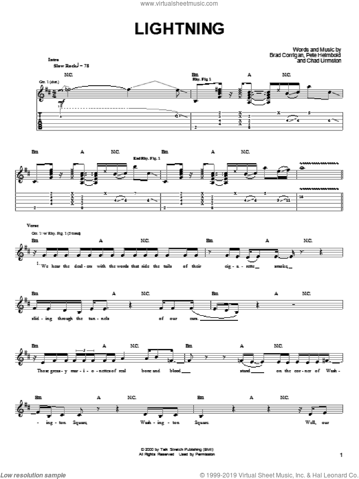 Lightning sheet music for guitar (tablature) by Dispatch, Brad Corrigan, Chad Urmston and Pete Heimbold, intermediate skill level