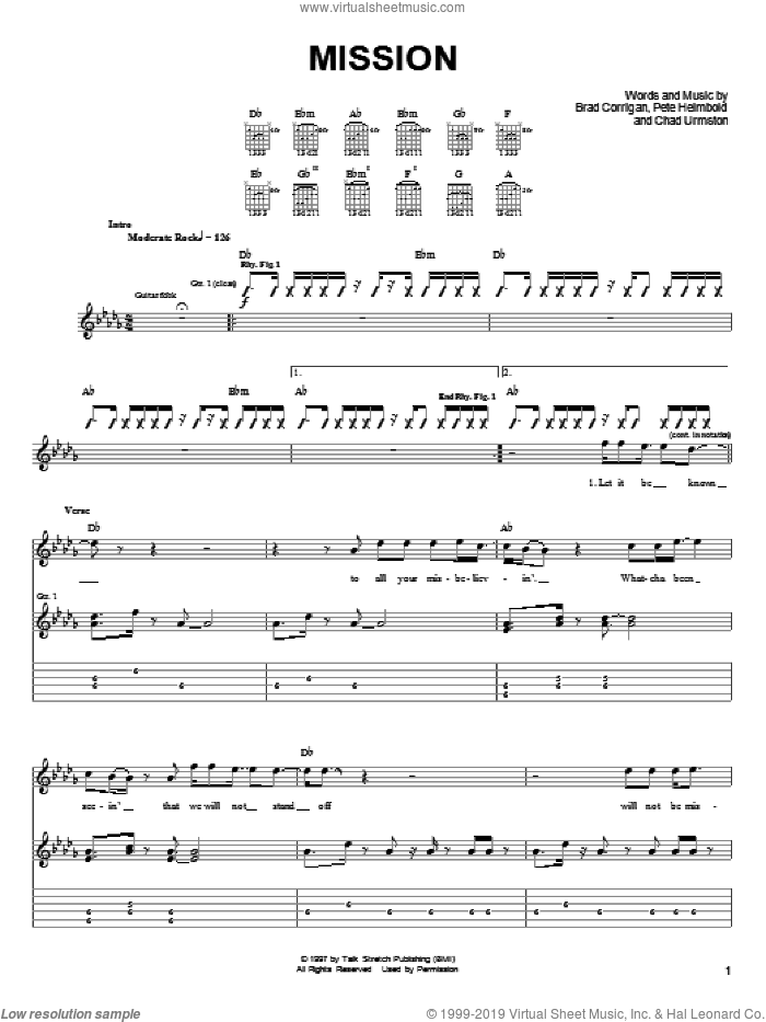 Mission sheet music for guitar (tablature) by Dispatch, Brad Corrigan, Chad Urmston and Pete Heimbold, intermediate skill level