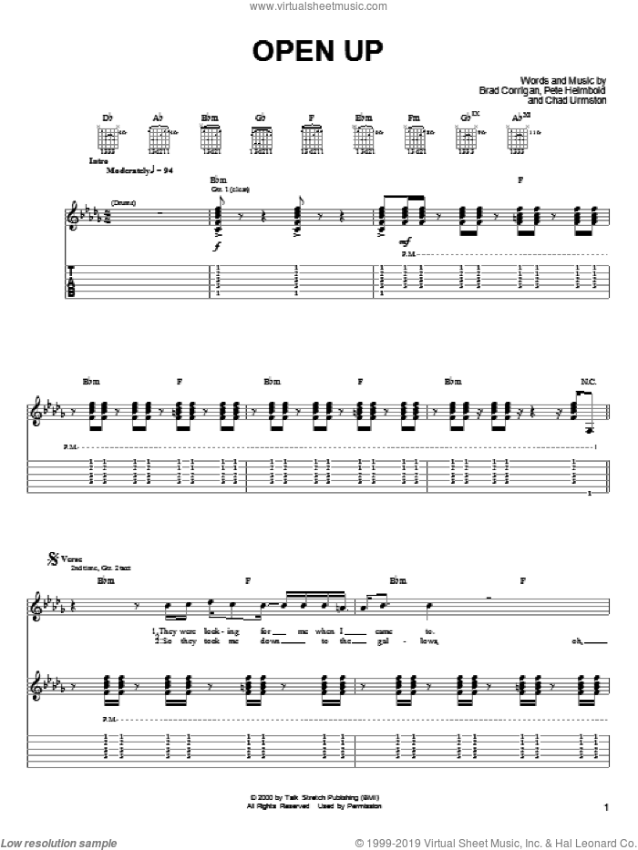 Open Up sheet music for guitar (tablature) by Dispatch, Brad Corrigan, Chad Urmston and Pete Heimbold, intermediate skill level