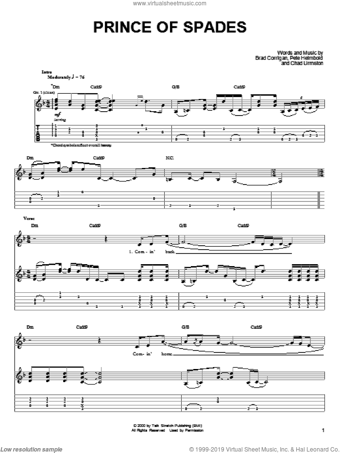 Prince Of Spades sheet music for guitar (tablature) by Dispatch, Brad Corrigan, Chad Urmston and Pete Heimbold, intermediate skill level