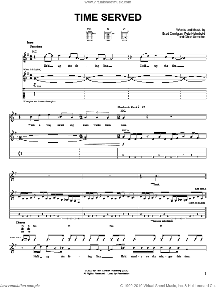 Time Served sheet music for guitar (tablature) by Dispatch, Brad Corrigan, Chad Urmston and Pete Heimbold, intermediate skill level