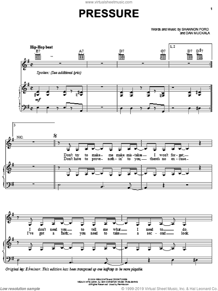 Pressure sheet music for voice, piano or guitar by Jump5, Dan Muckala and Shannon Ford, intermediate skill level