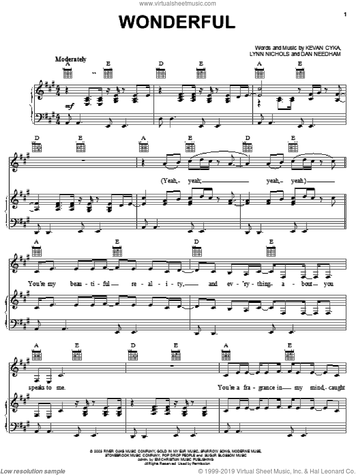Wonderful sheet music for voice, piano or guitar by Jump5, Dan Needham, Kevan Cyka and Lynn Nichols, intermediate skill level
