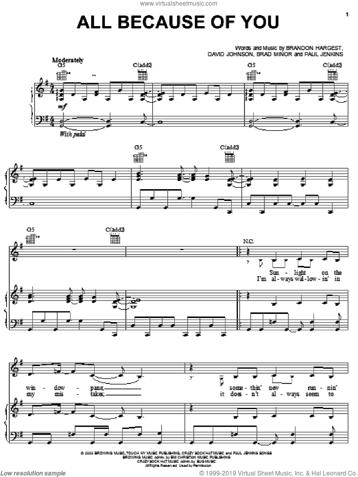 All Because Of You sheet music for voice, piano or guitar by Jump5, Brad Minor, Brandon Hargest and David Johnson, intermediate skill level