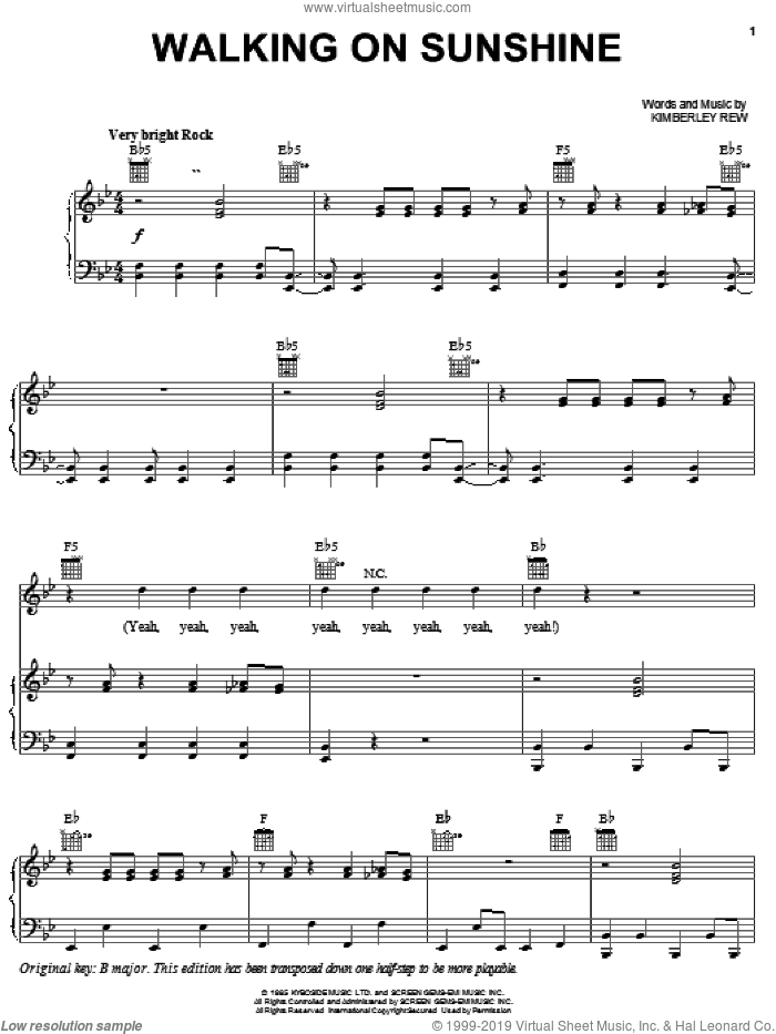 Walking On Sunshine sheet music for voice, piano or guitar by Jump5, Katrina & The Waves and Kimberley Rew, intermediate skill level