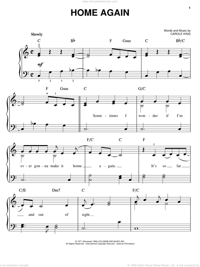 Home Again sheet music for piano solo by Carole King, easy skill level