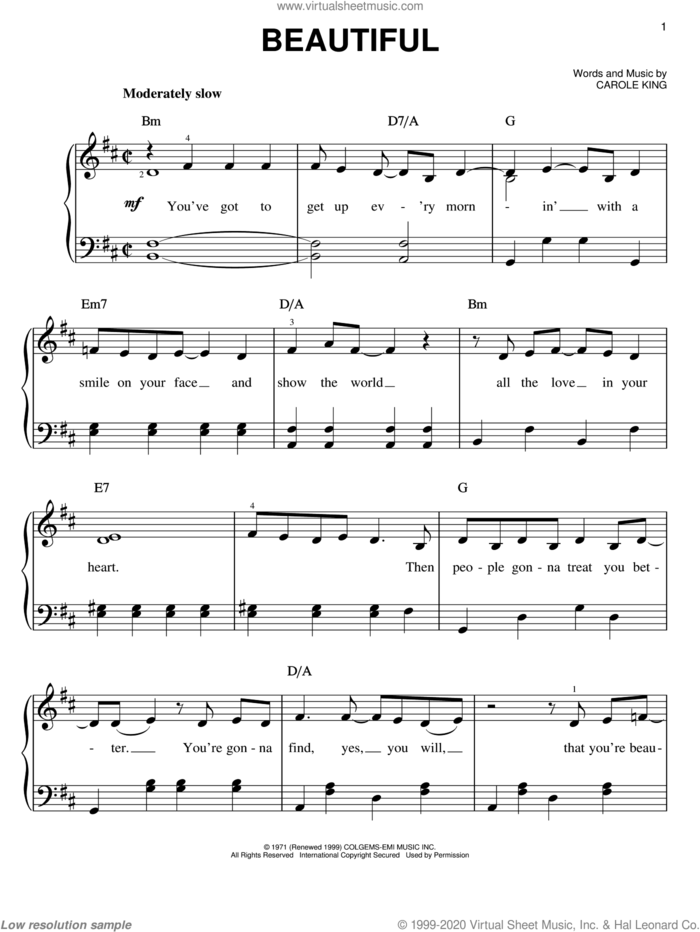 Beautiful sheet music for piano solo by Carole King, easy skill level