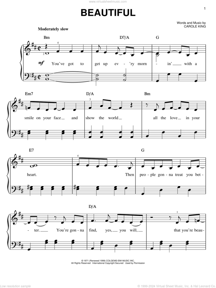 Beautiful sheet music for piano solo by Carole King, easy skill level