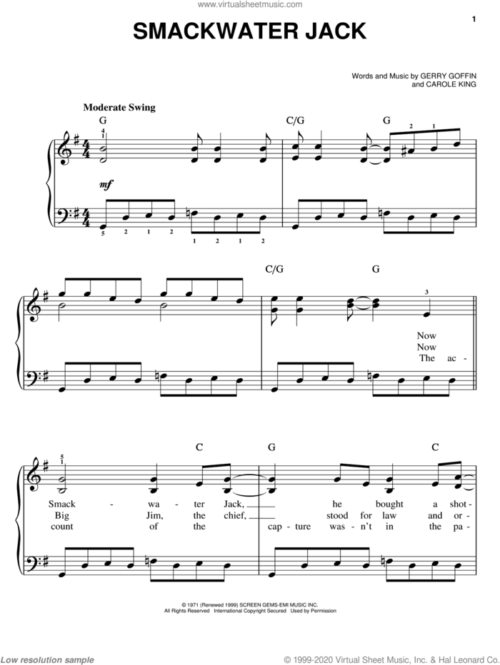 Smackwater Jack sheet music for piano solo by Carole King and Gerry Goffin, easy skill level