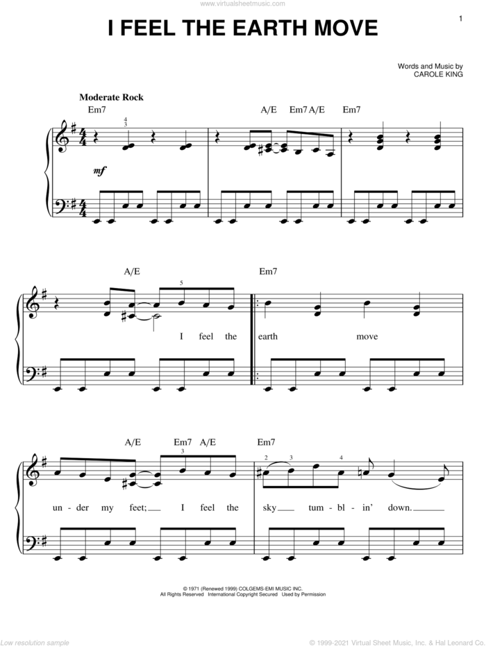 I Feel The Earth Move sheet music for piano solo by Carole King, easy skill level