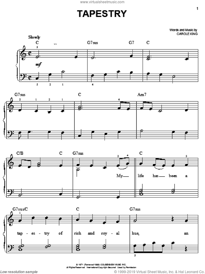 Tapestry sheet music for piano solo by Carole King, easy skill level