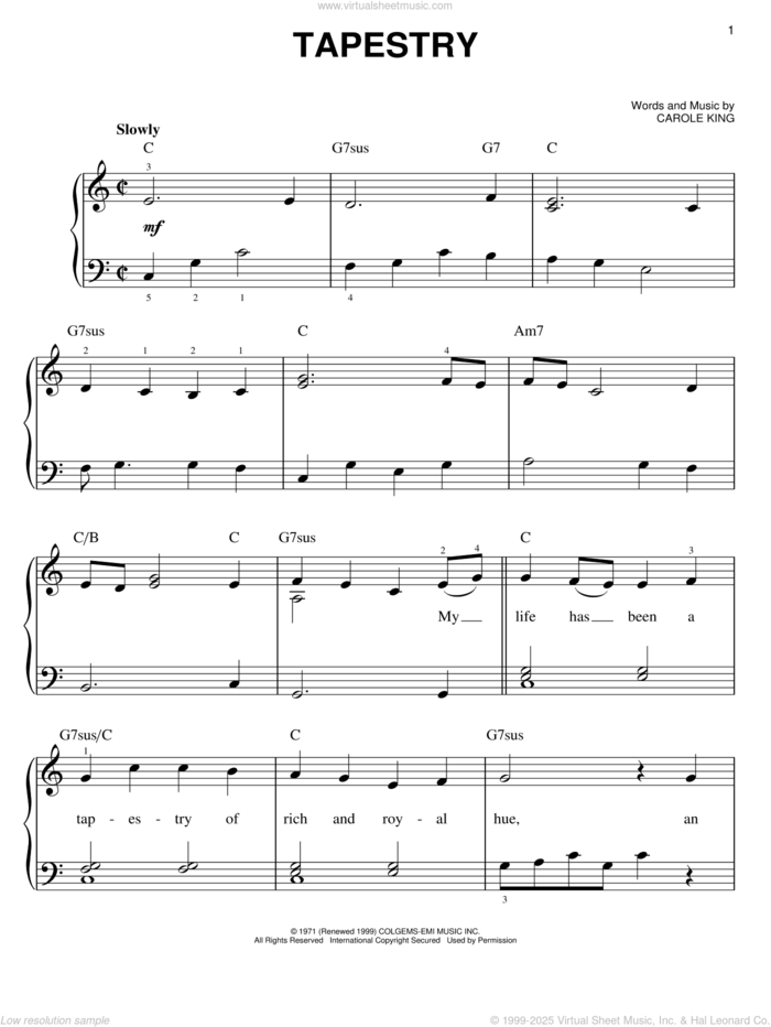 Tapestry sheet music for piano solo by Carole King, easy skill level