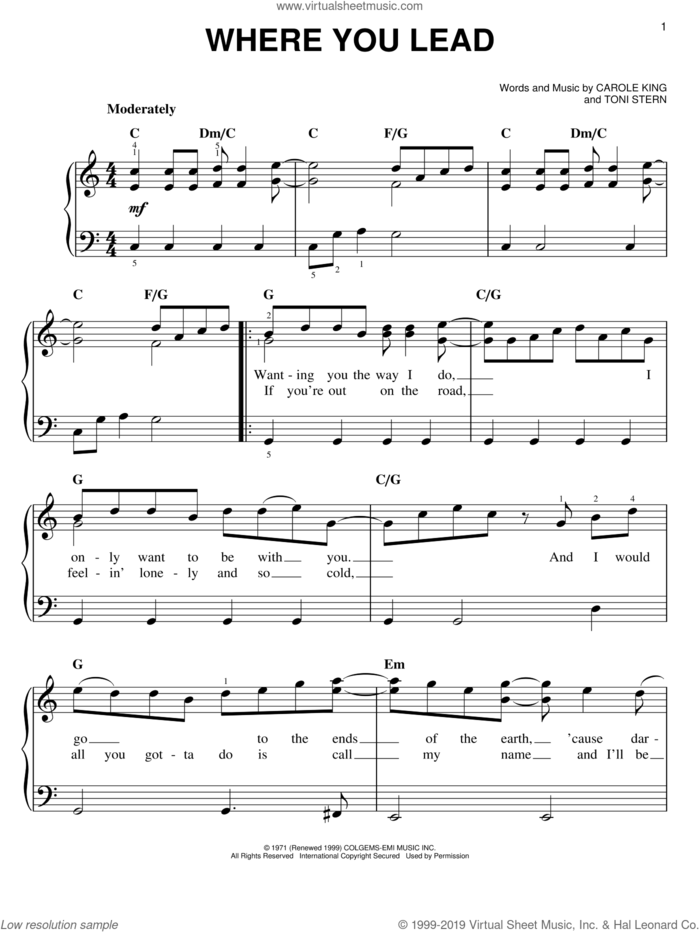 Where You Lead sheet music for piano solo by Carole King and Toni Stern, easy skill level