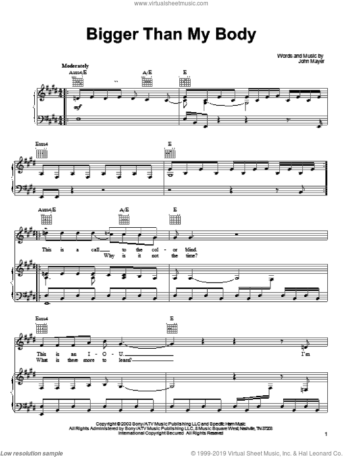 Bigger Than My Body sheet music for voice, piano or guitar by John Mayer, intermediate skill level
