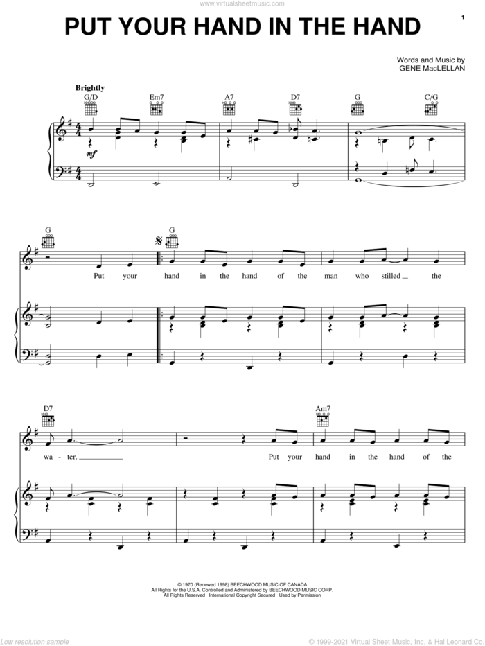 Put Your Hand In The Hand sheet music for voice, piano or guitar by Gene MacLellan, Anne Murray and MacLellan and Ocean, intermediate skill level