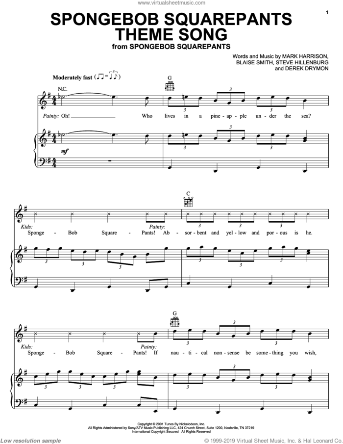 SpongeBob SquarePants Theme Song sheet music for voice, piano or guitar by Mark Harrison, Blaise Smith and Steve Hillenburg, intermediate skill level