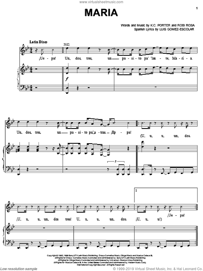 Maria sheet music for voice, piano or guitar by Ricky Martin, K.C. Porter, Luis Gomez-Escolar and Robi Rosa, intermediate skill level