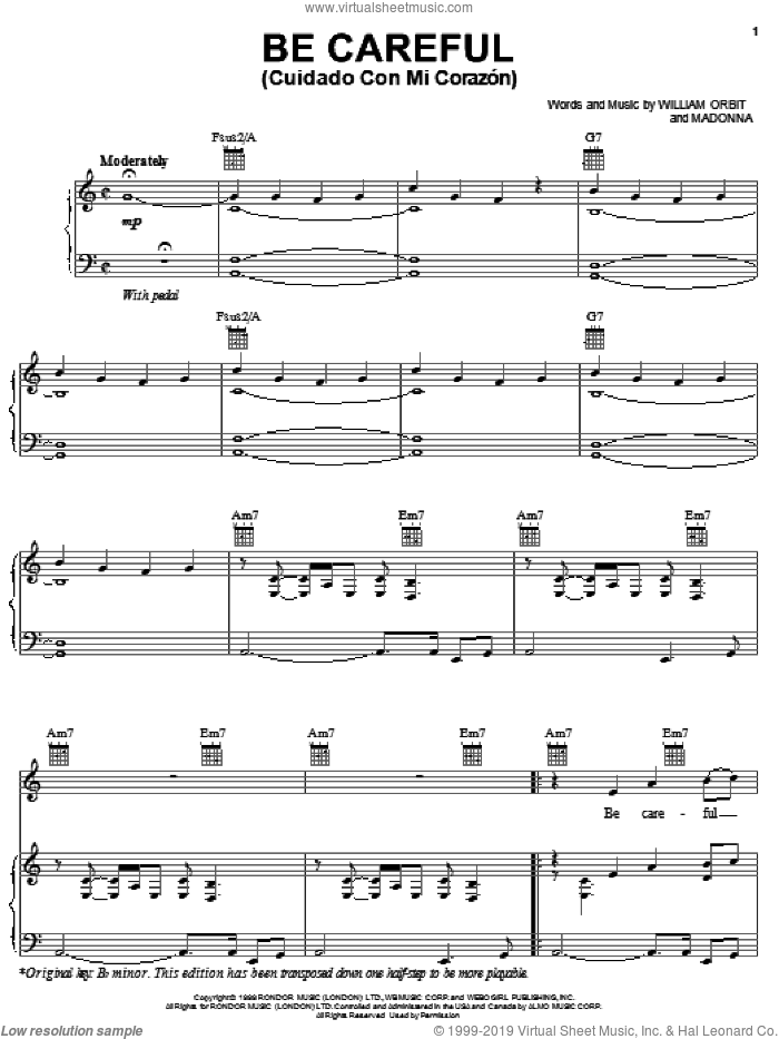 Be Careful (Cuidado Con Mi Corazon) sheet music for voice, piano or guitar by Ricky Martin, Madonna and William Orbit, intermediate skill level