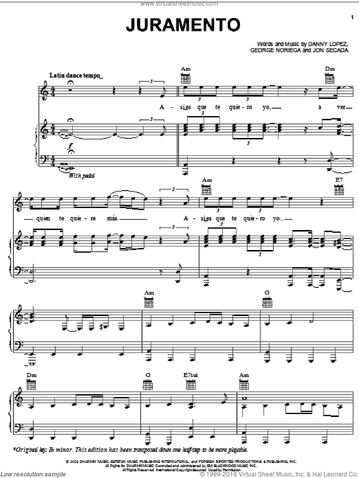 Juramento sheet music for voice, piano or guitar by Ricky Martin, Danny Lopez, George Noriega and Jon Secada, intermediate skill level