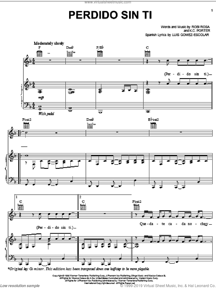 Perdido Sin Ti sheet music for voice, piano or guitar by Ricky Martin, K.C. Porter, Luis Gomez-Escolar and Robi Rosa, intermediate skill level