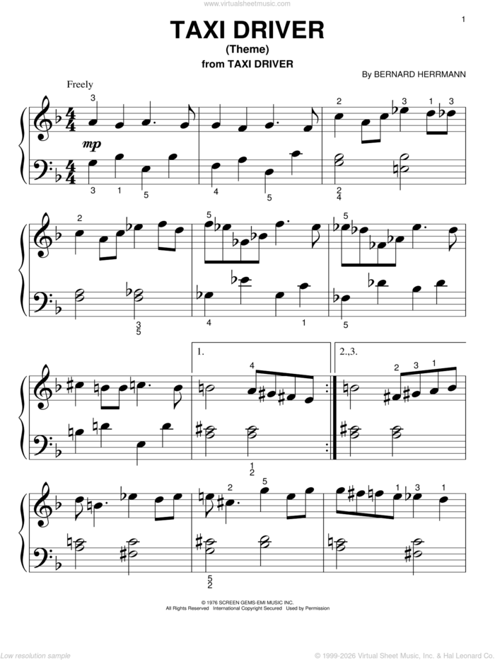 Taxi Driver (Theme) sheet music for piano solo (big note book) by Bernard Herrmann, easy piano (big note book)